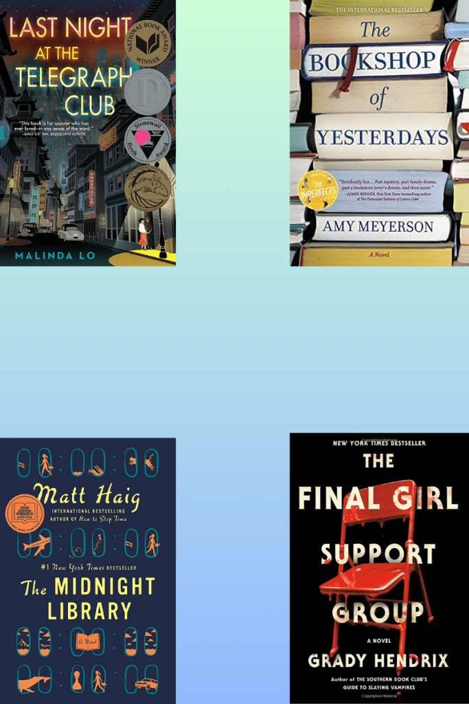 Books I read this month: Last Night At the Telegraph Hotel by Malinda Lo, The Bookshop of Yesterdays by Amy Meyerson, The Midnight Library by Matt Haig, and The Final Girl Support Group by Grady Hendrix.