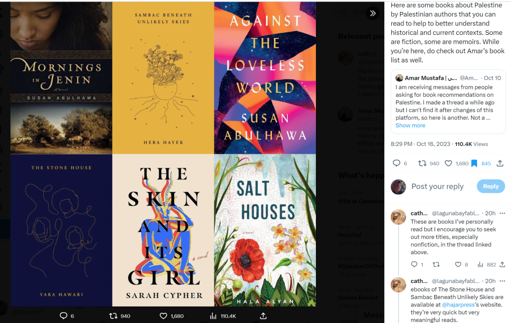 Palestinian Stories (recommendations from Twitter) Mornings in Jenin by Susan Abulhawa, Sambac Beneath Unlikely Skies by Heba Hayek, Against the Loveless World by Susan Abulhawa, The Stone House by Yara Hawari, The Skin and Its Girl by Sarah Cypher, and Salt Houses by Hala Alvan